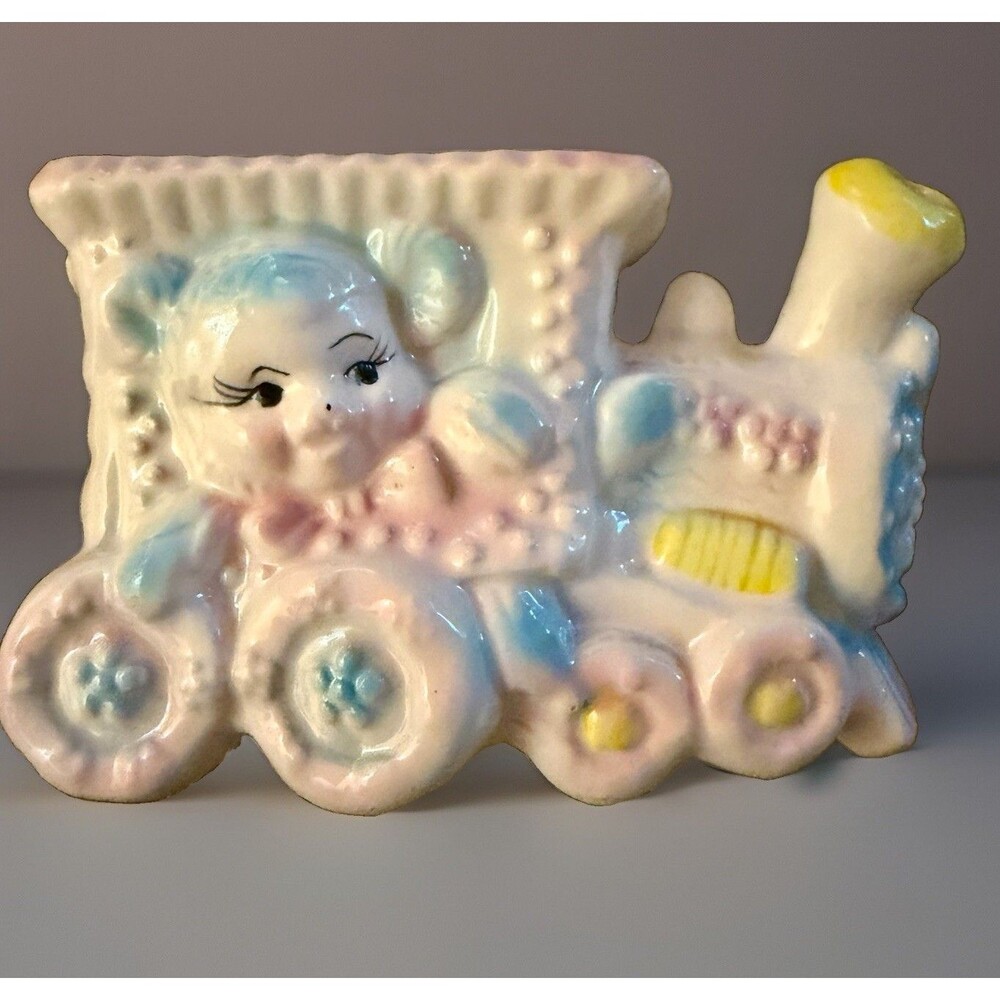 Vintage Ceramic Baby Train Planter Pastel Nursery Decor Retro Baby Shower Gift